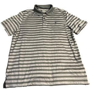 Izod Mens Polo Shirt Gray Sz Medium Short Sleeve Golf Stretch Striped EUC